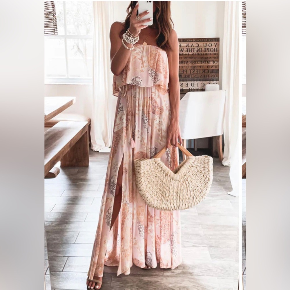 Flowy and Dreamy Strapless Printed Slit Maxi Dress
